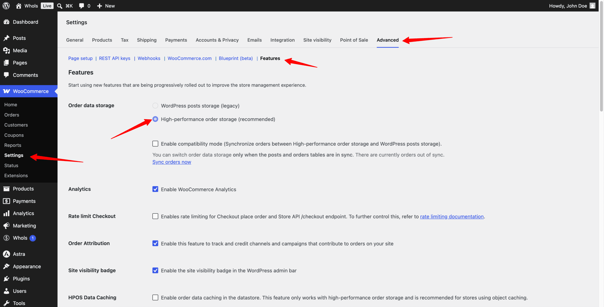 Review WooCommerce HPOS settings before testing order-related Whols features.