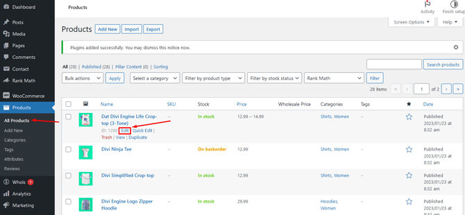 Go to Products>All Products then click "Edit"