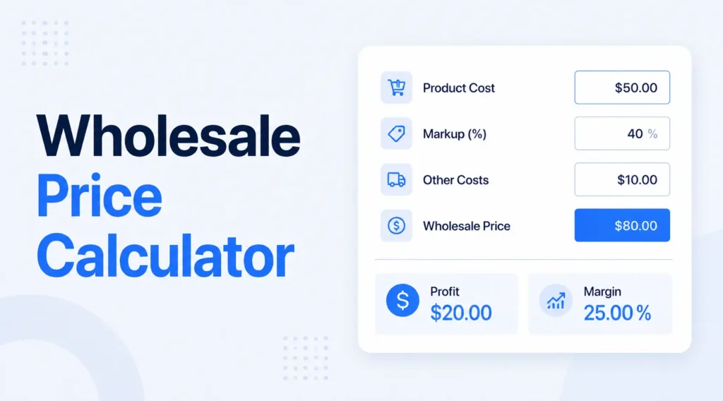 WPWhols thumbnail about a wholesale price calculator with blue pricing and margin UI