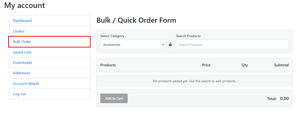bulk order form in my account page