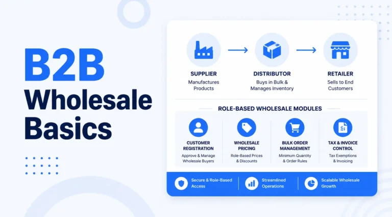 WPWhols thumbnail explaining B2B wholesale basics with blue wholesale explainer UI