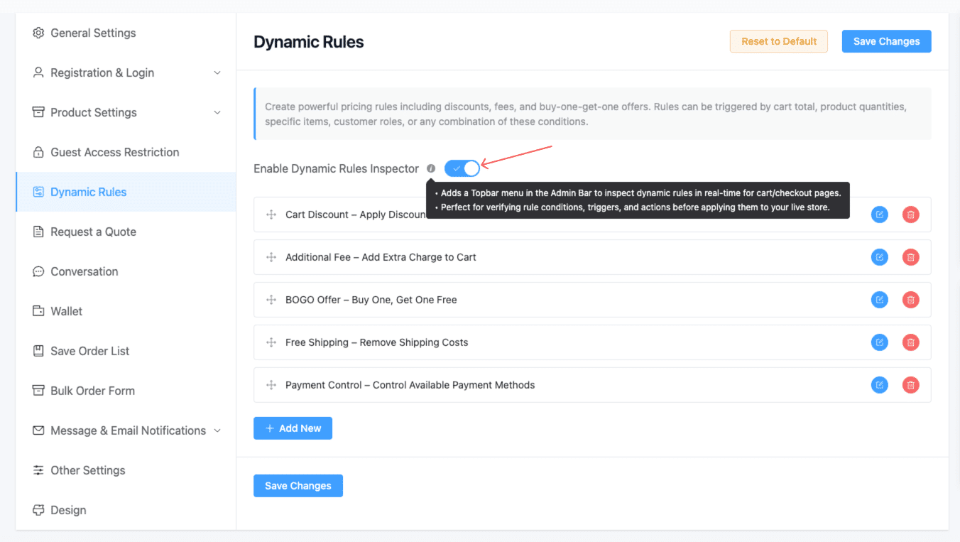 Enabling or Disabling the Dynamic Rules Inspector