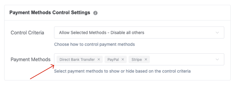 Payment Methods: Select from available methods (e.g., Direct Bank Transfer, PayPal, Stripe).