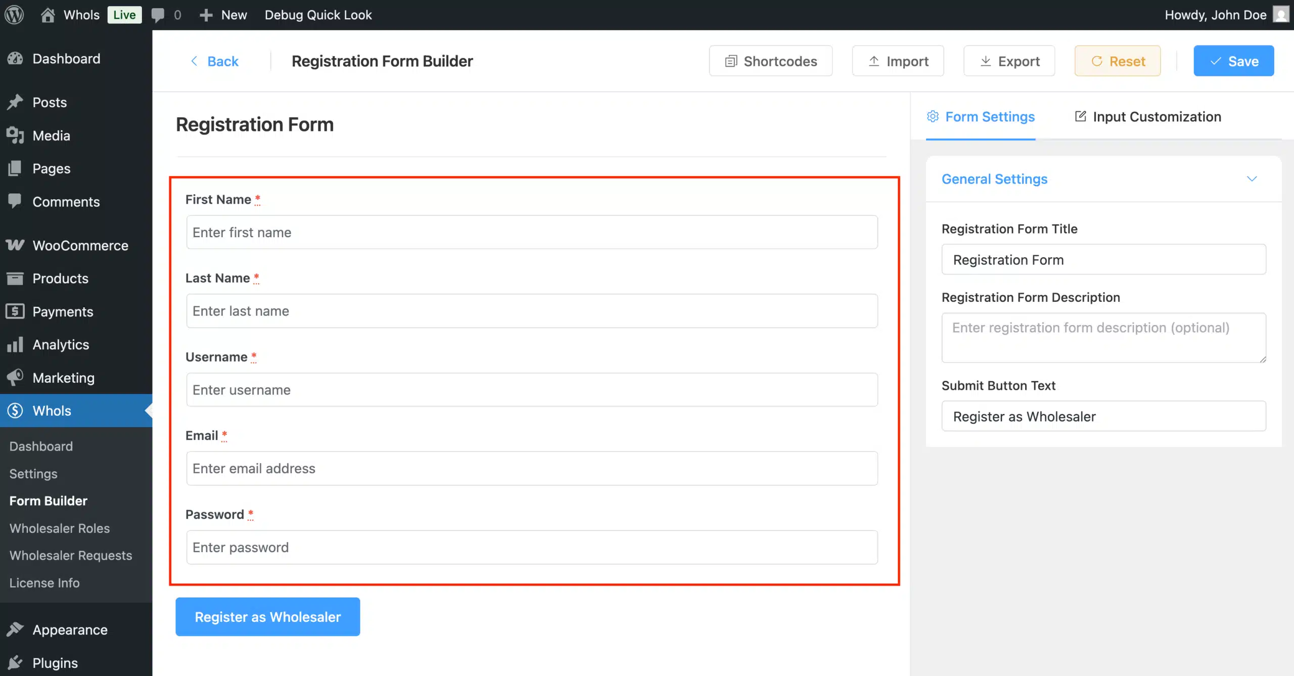 Manage Wholesale Form Builder