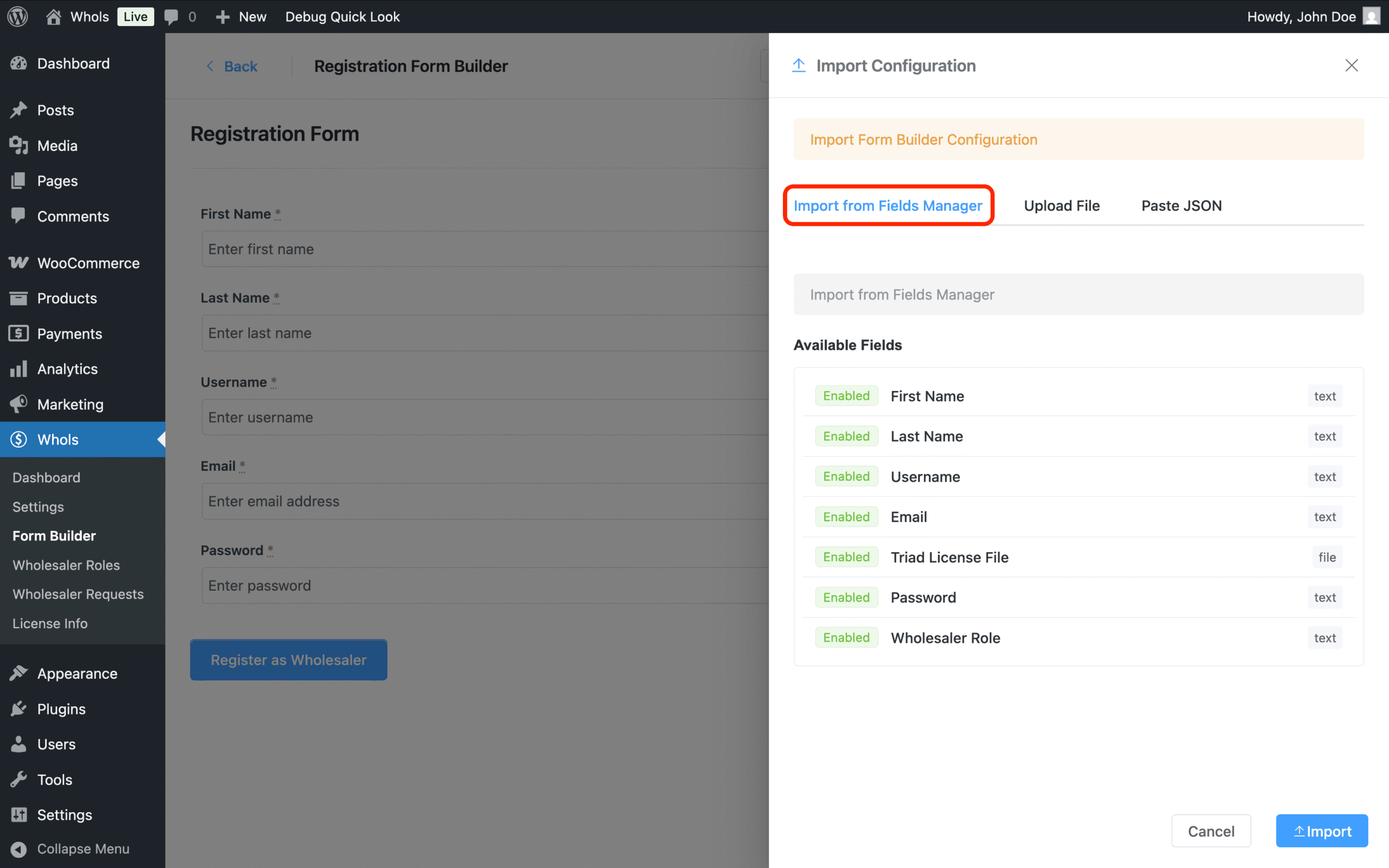 Import Fields from Fields Manager to Form Builder