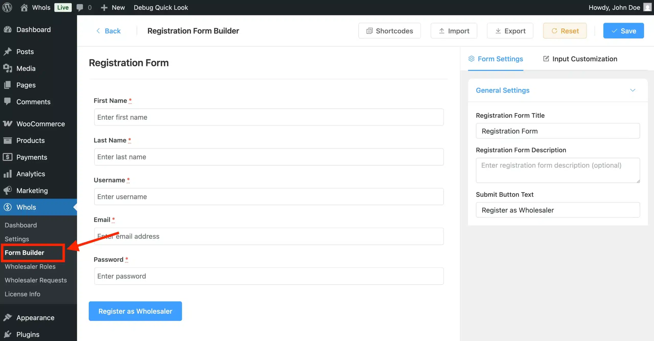 Manage Wholesale Form Builder