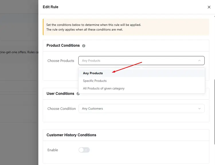 Choose products for dynamic rules