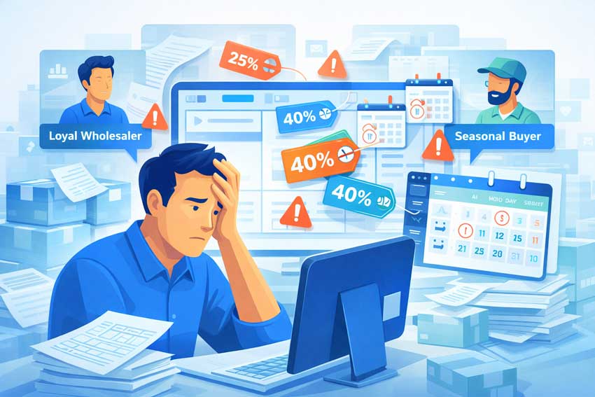 Stressed manager facing chaotic bulk orders